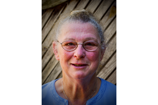 A profile photo of a lady. The lady is smiling at the camera and has thin glasses on with grey/white hair pulled up into a bun on her head. 